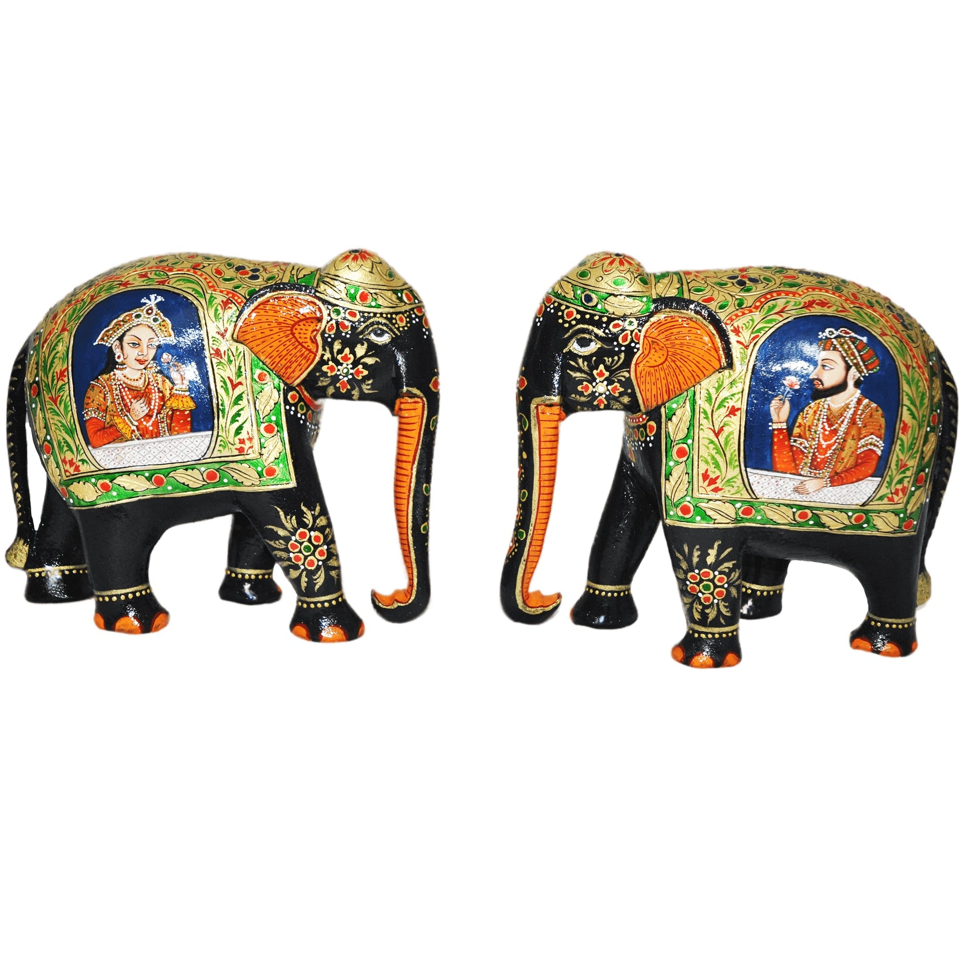 Wooden Mughal Art Elephant Home Decor Height 8 Inch