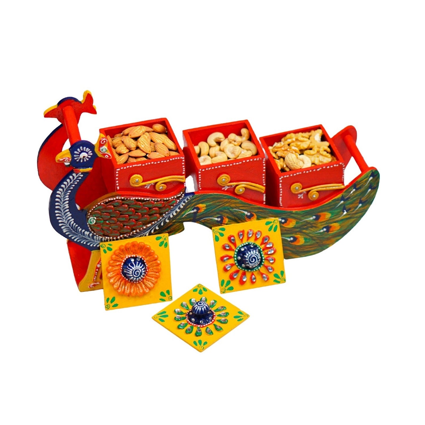 Hand Painted Peocock Design Dry Fruit Box - Multicolour