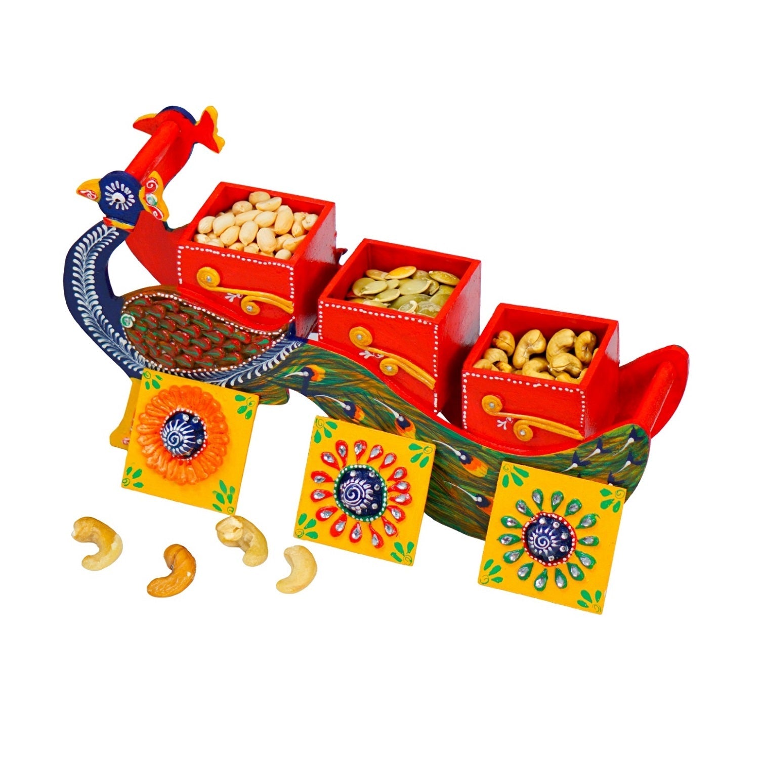 Hand Painted Peocock Design Dry Fruit Box - Multicolour