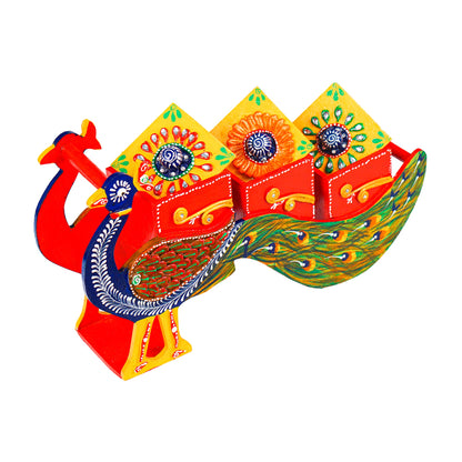 Hand Painted Peocock Design Dry Fruit Box - Multicolour