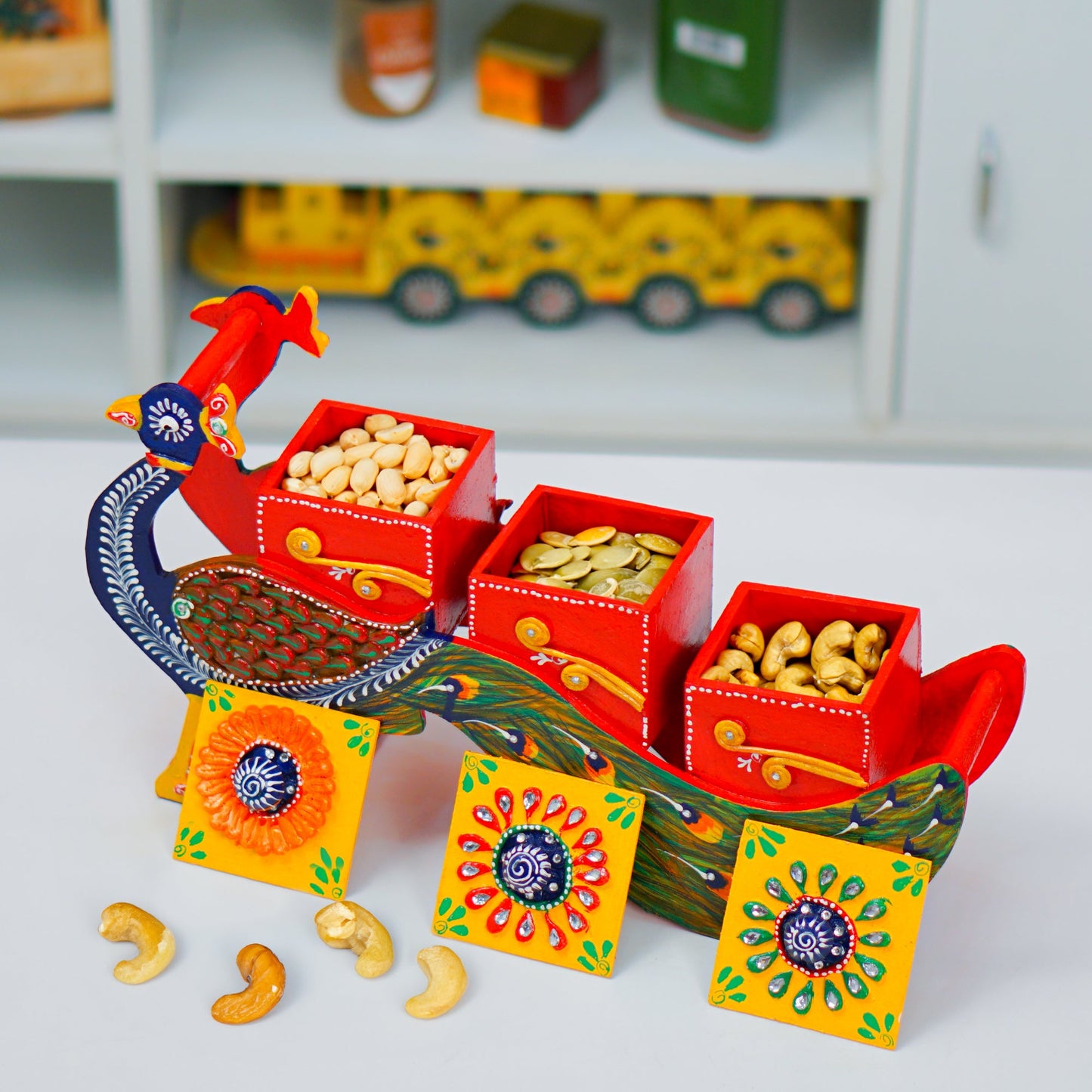 Hand Painted Peocock Design Dry Fruit Box - Multicolour