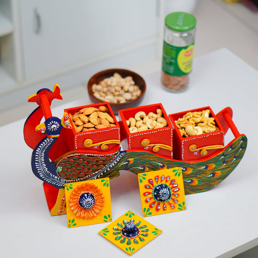 Hand Painted Peocock Design Dry Fruit Box - Multicolour