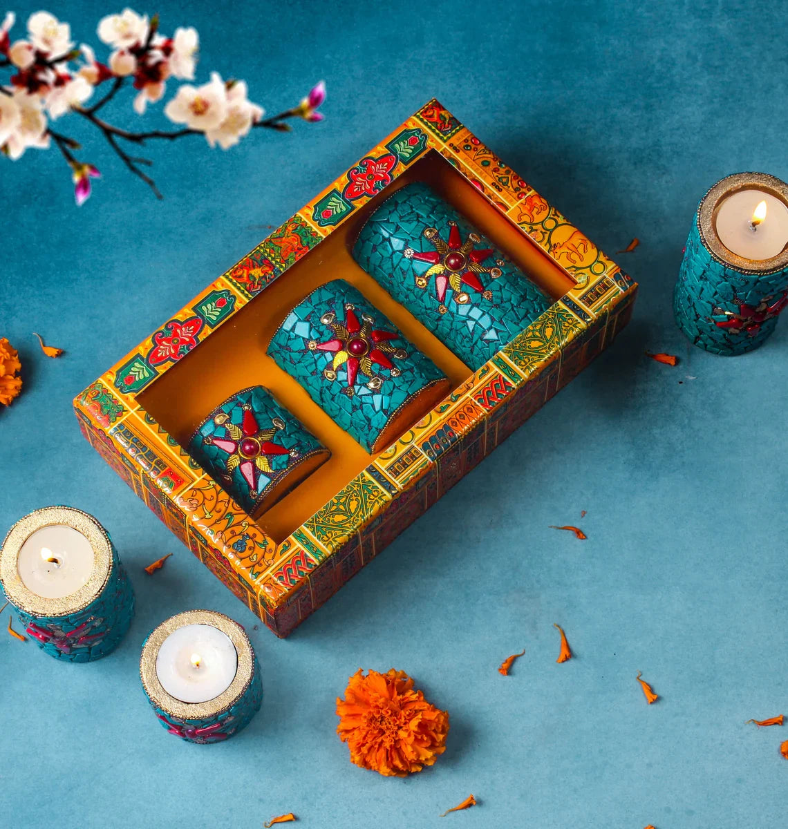 Wooden Tea Light Candle Holder Set of 3 - Green