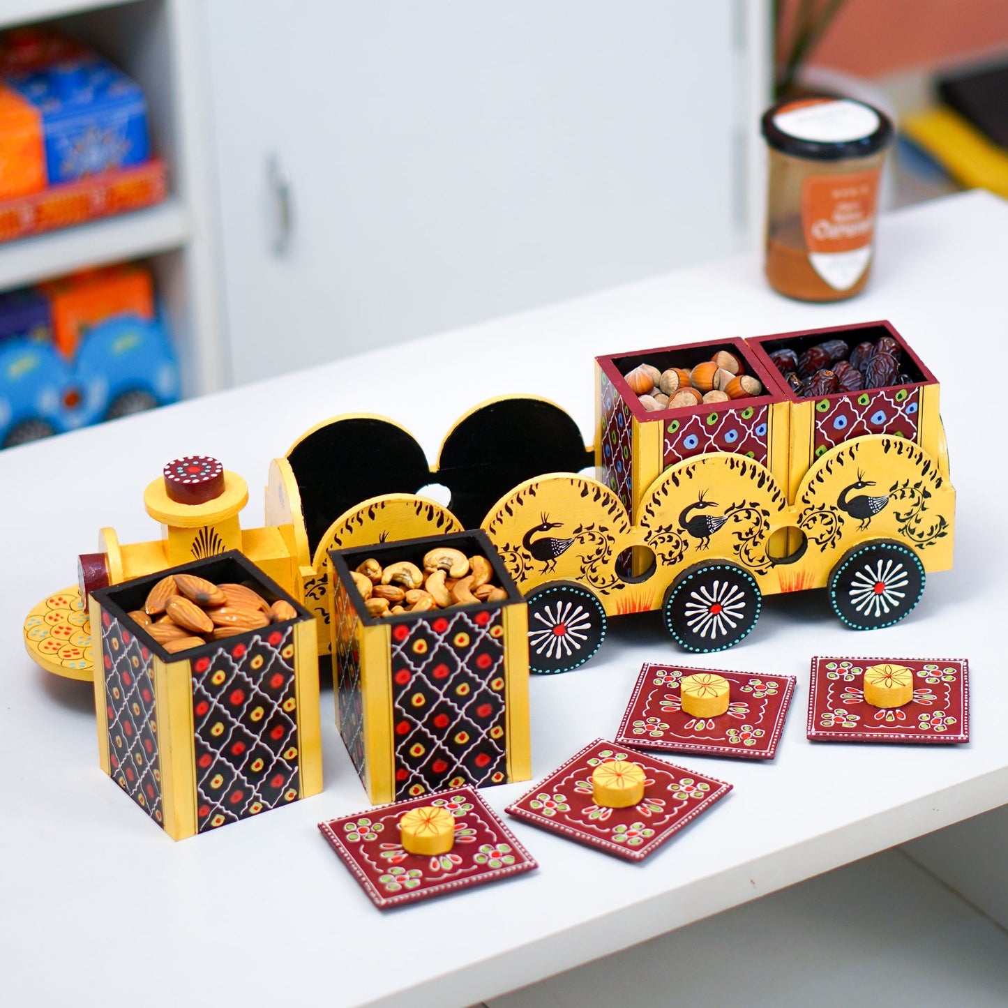 Wooden Train Shape Dry Fruit Holder 4 Box