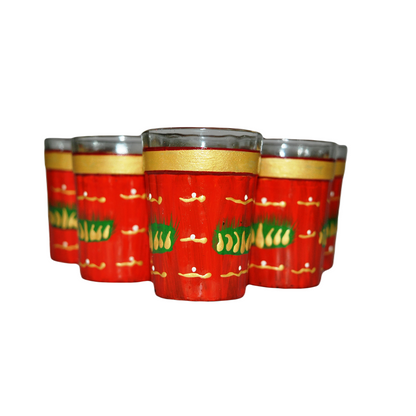 Decorative Hand Painted Flower Tea Glass Set - Dark Red