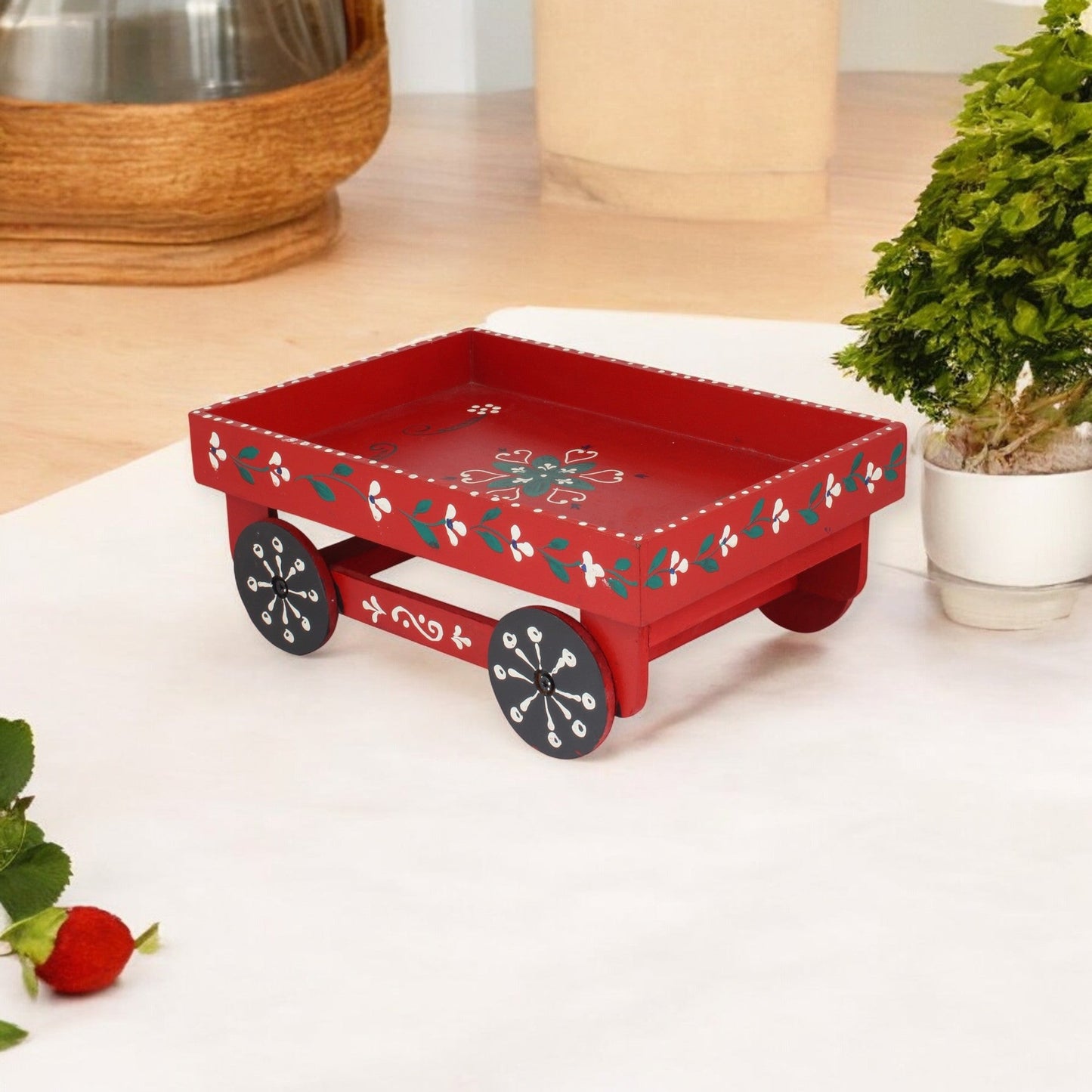 Wooden Handpained Tea Thela Serving Table Trolley-Red