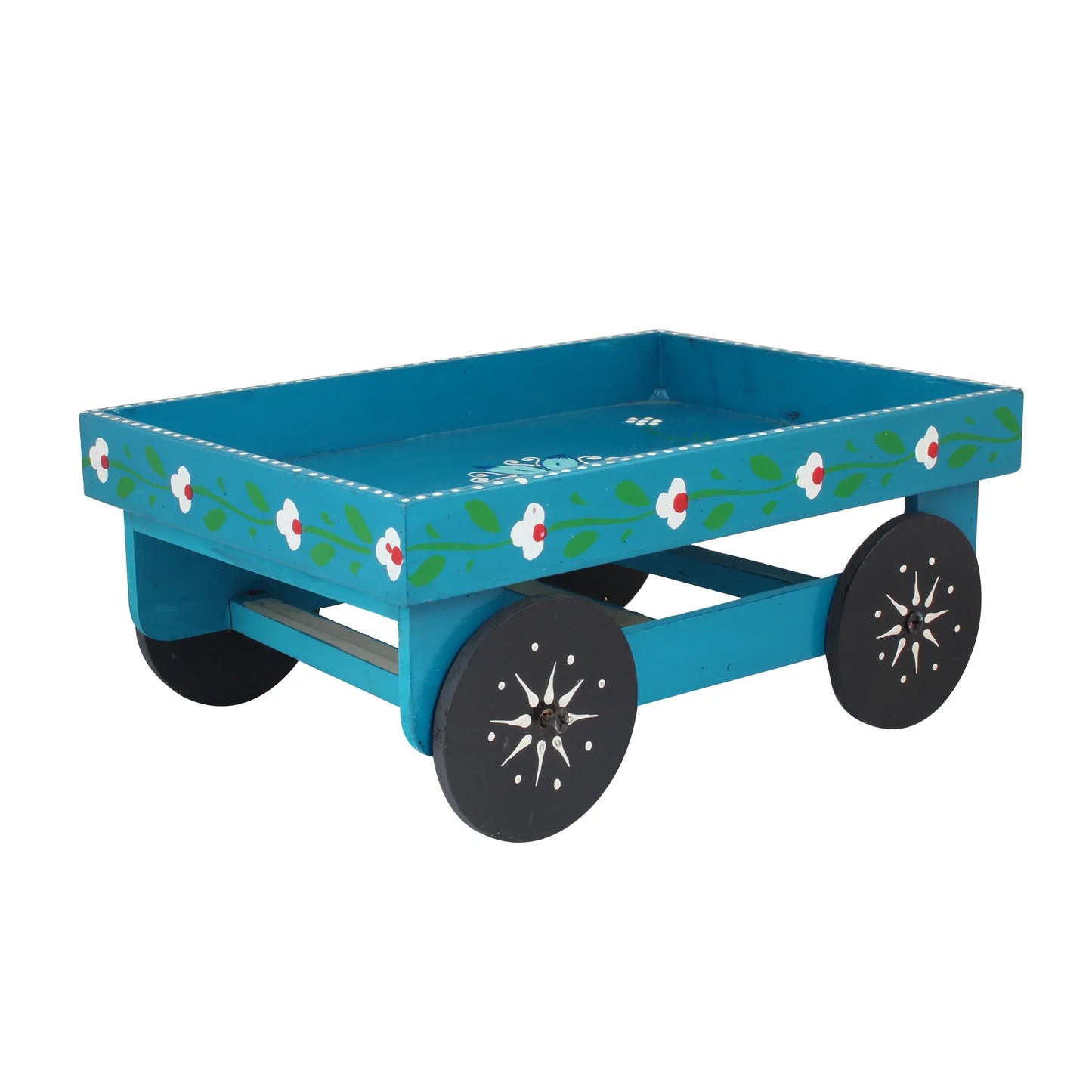 Wooden Handpained Tea Thela Serving Table Trolley-Blue