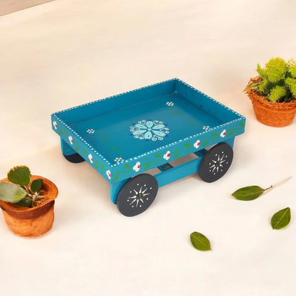 Wooden Handpained Tea Thela Serving Table Trolley-Blue