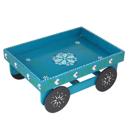 Wooden Handpained Tea Thela Serving Table Trolley-Blue