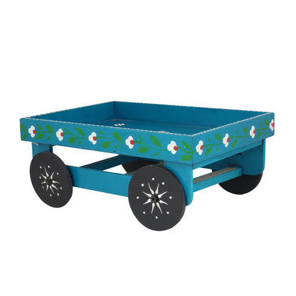 Wooden Handpained Tea Thela Serving Table Trolley-Blue