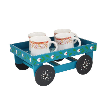 Wooden Handpained Tea Thela Serving Table Trolley-Blue