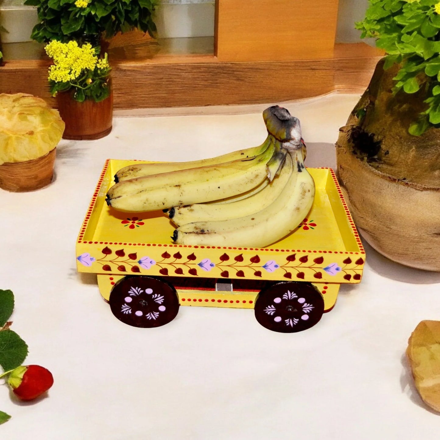 Wooden Handpained Tea Thela Serving Table Trolley-Yellow