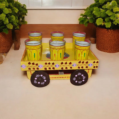 Wooden Handpained Tea Thela Serving Table Trolley-Yellow