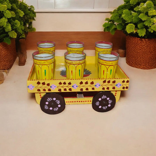 Wooden Handpained Tea Thela Serving Table Trolley-Yellow