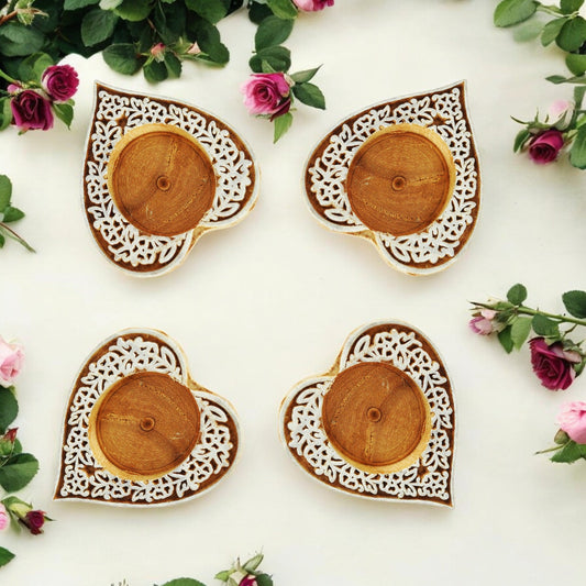Wooden Small Heart Block Diya Shape - set of 4 pc