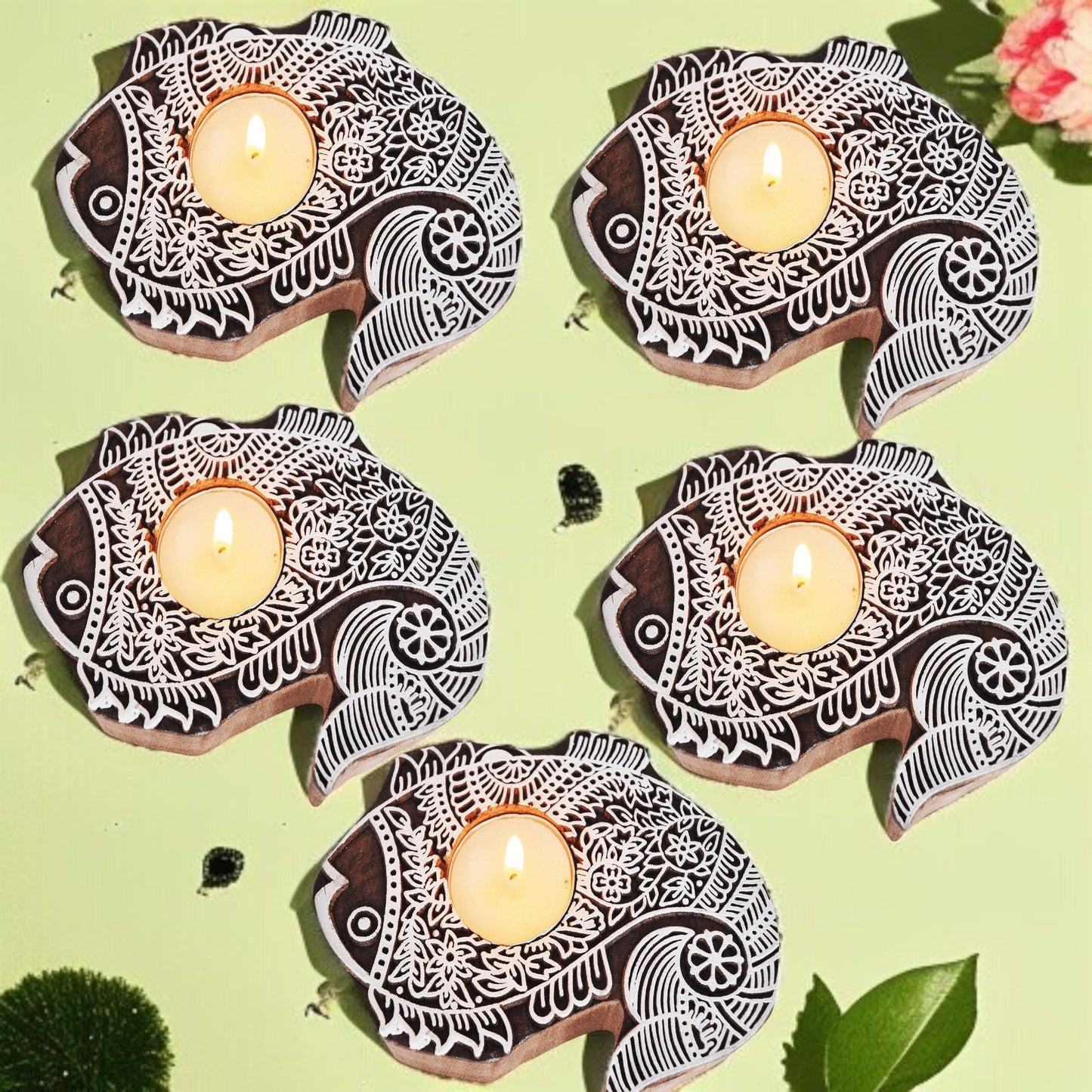 Wooden Hand block Fish Shape Diya pair