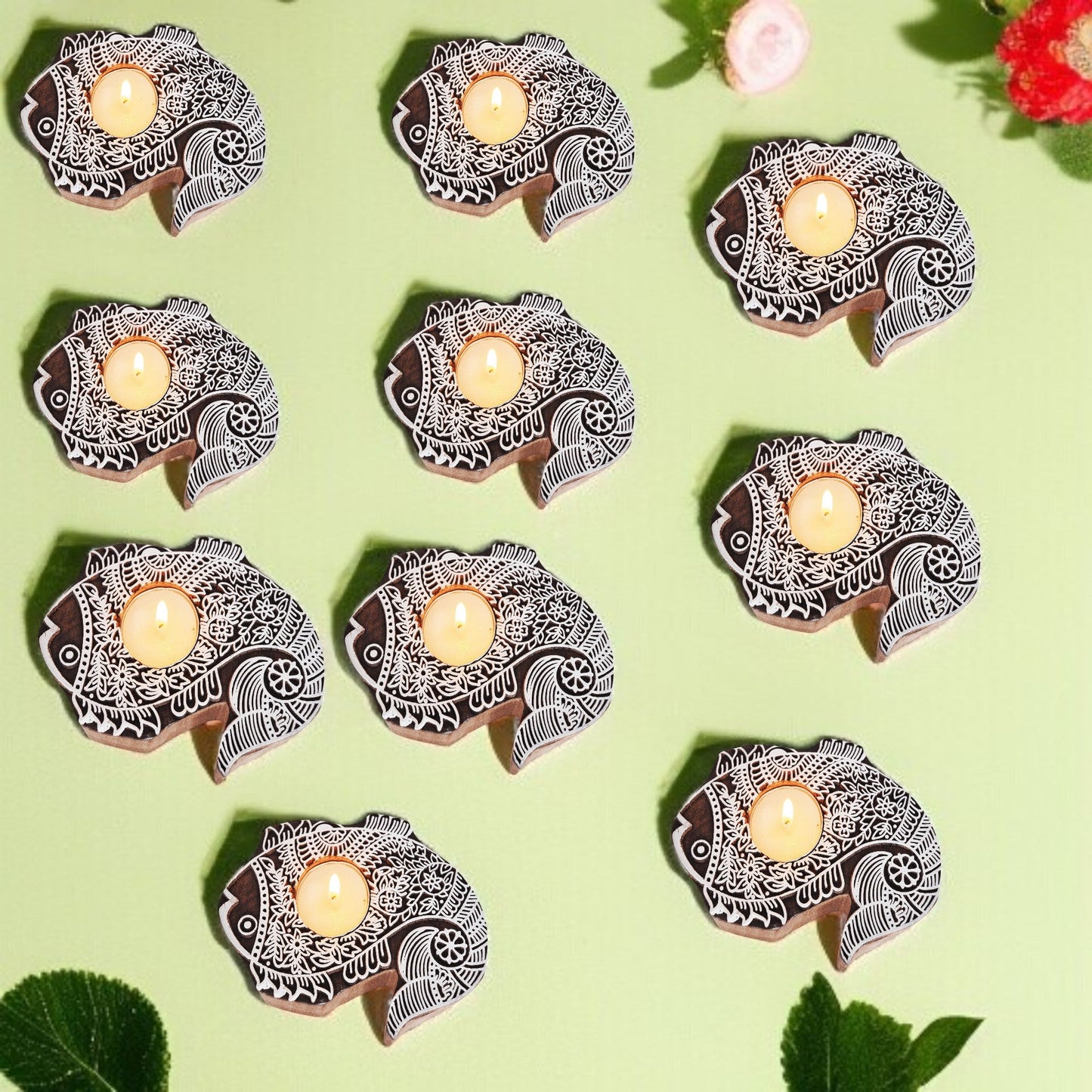 Wooden Hand block Fish Shape Diya pair