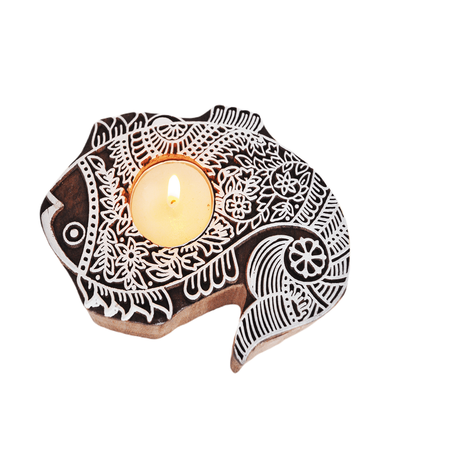 Wooden Hand block Fish Shape Diya pair