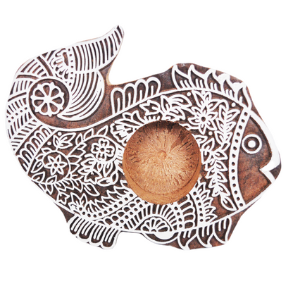 Wooden Hand block Fish Shape Diya pair