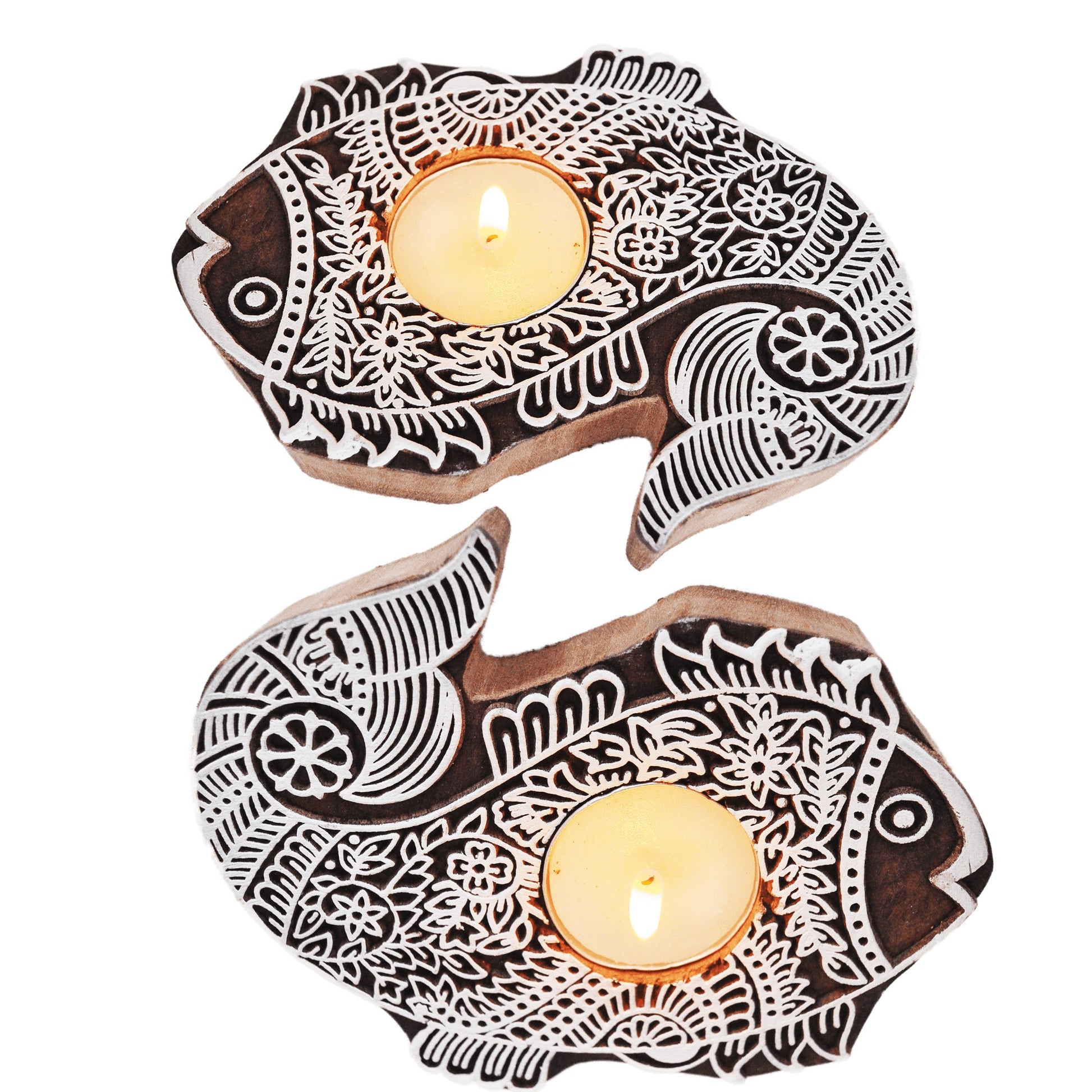 Wooden Hand block Fish Shape Diya pair