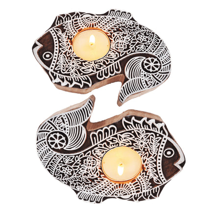 Wooden Hand block Fish Shape Diya pair