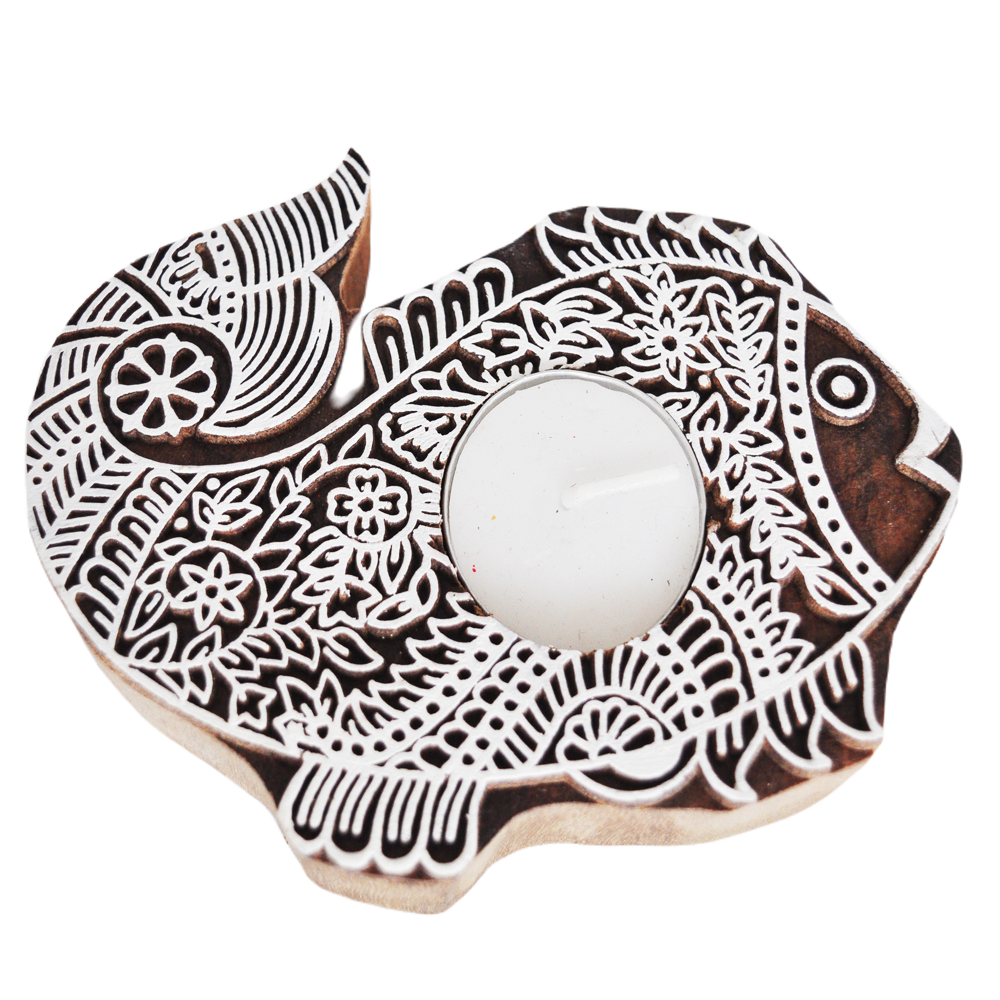 Wooden Hand block Fish Shape Diya pair