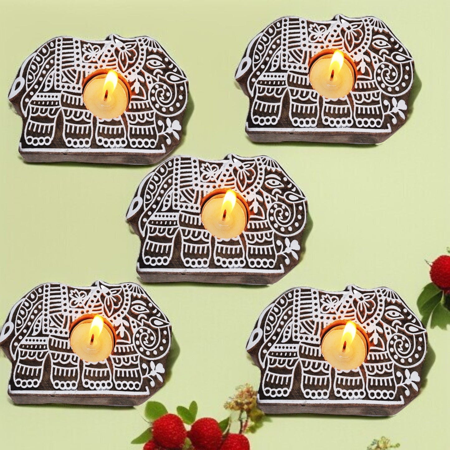 Wooden Hand block Elephant Shape Diya pair