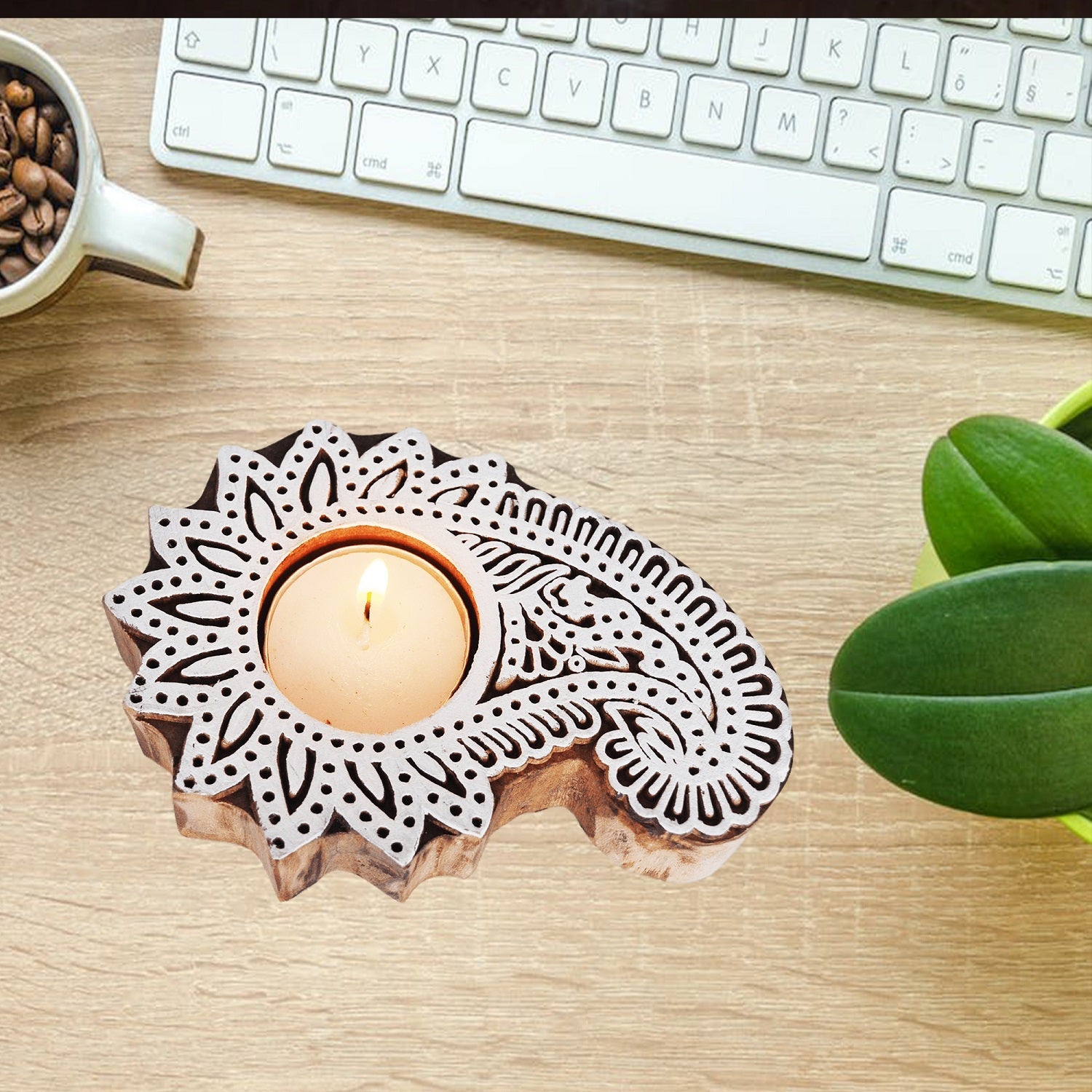 Wooden Hand block Shankh Shape Diya 2 pc