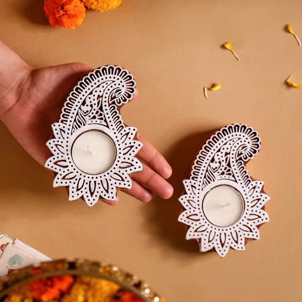 Wooden Hand block Shankh Shape Diya 2 pc