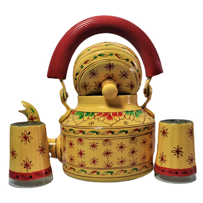 Hand Painted Aluminium Kettle And 2 Glass Set