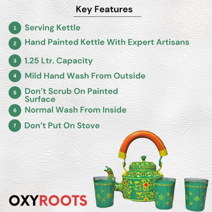 Hand Painted Aluminum tea Kettle green with glass