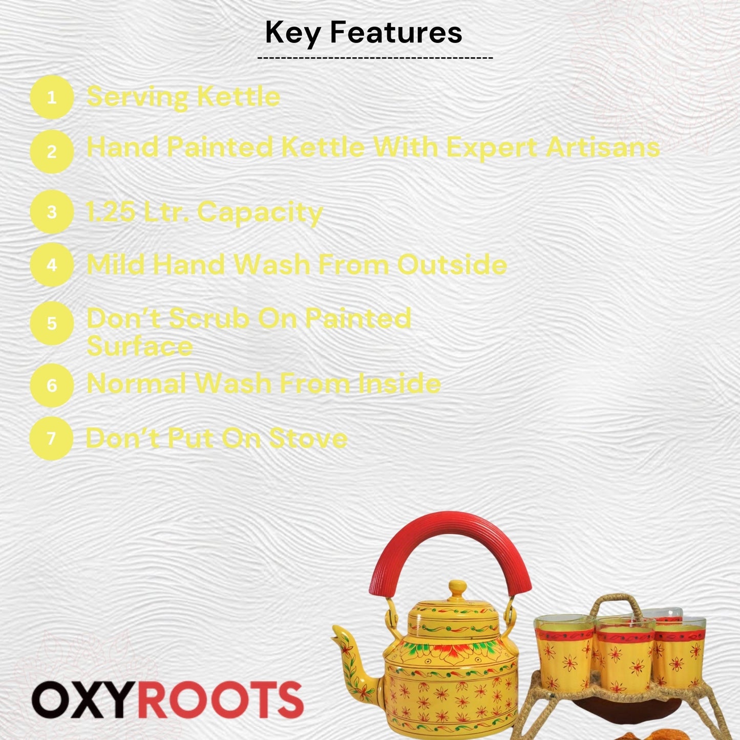 Hand Painted Aluminium Kettle Jute Stand 6 Glass Set