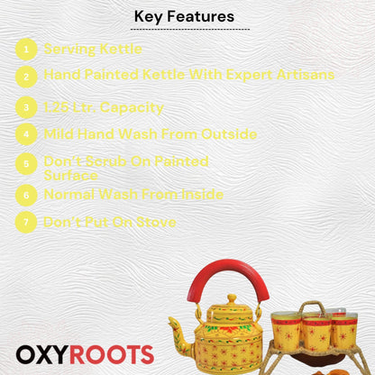 Hand Painted Aluminium Kettle Jute Stand 6 Glass Set