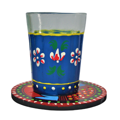 Hand Painted Aluminium Kettle Jute Stand 6 Glass Set Blue