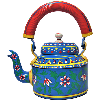 Hand Painted Aluminium Kettle Jute Stand 6 Glass Set Blue