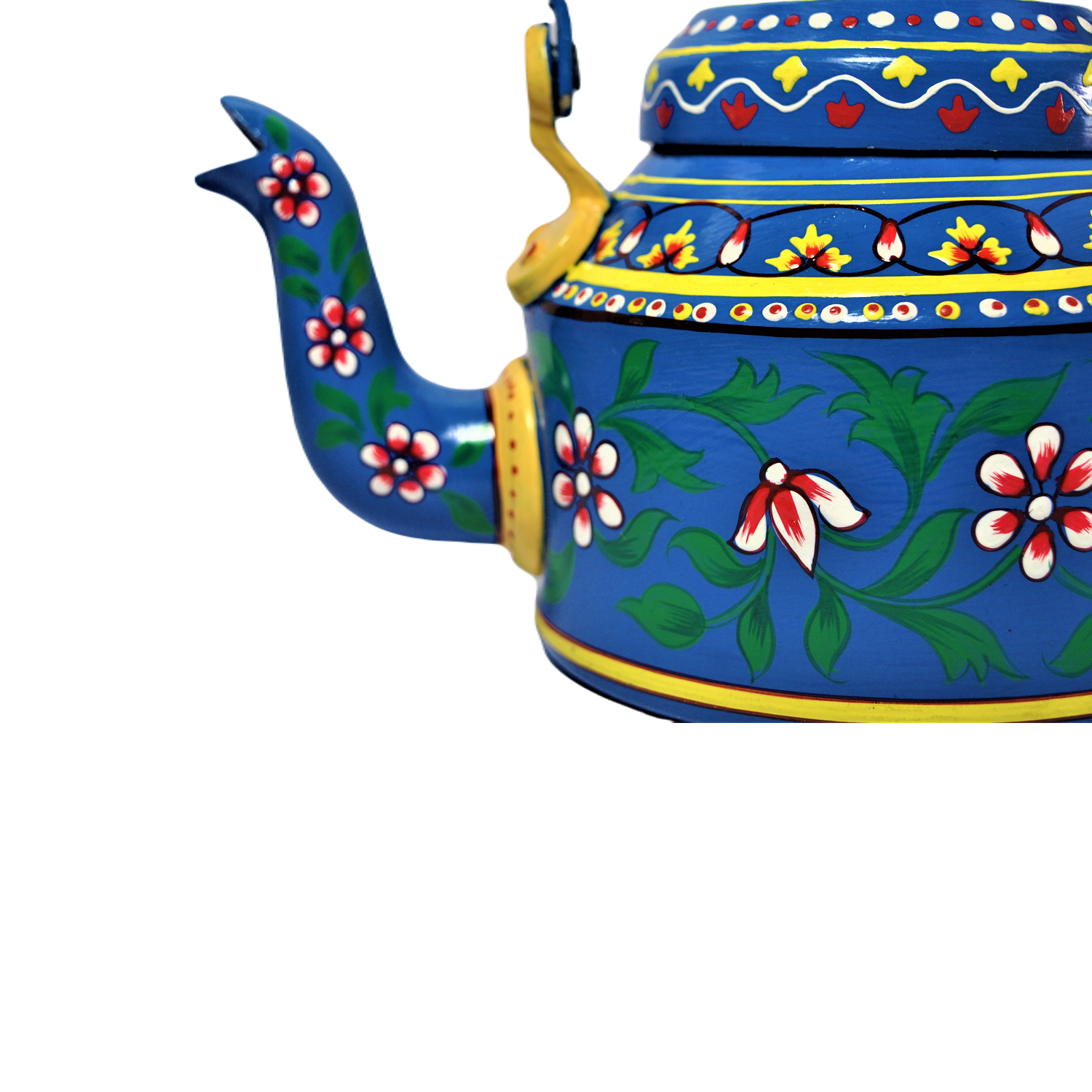 Hand Painted Aluminium Kettle Jute Stand 6 Glass Set Blue