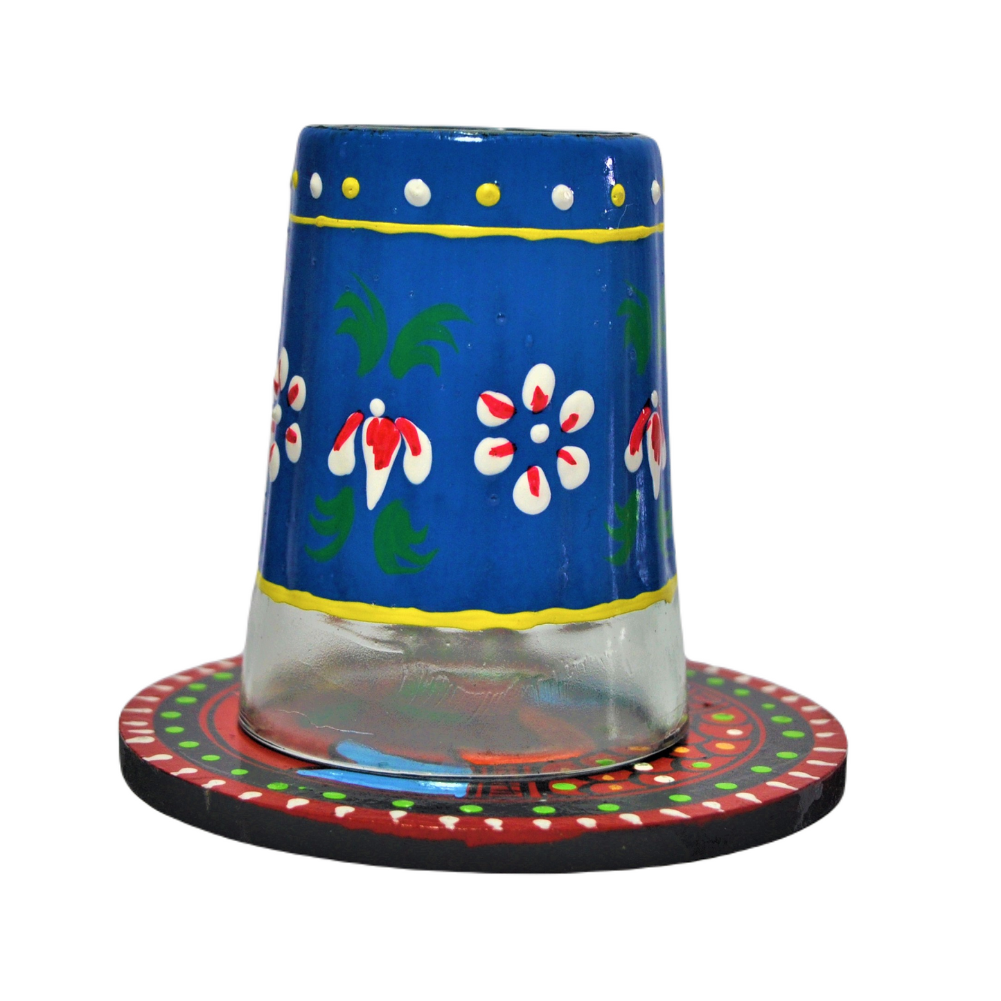 Hand Painted Aluminium Kettle Jute Stand 6 Glass Set Blue