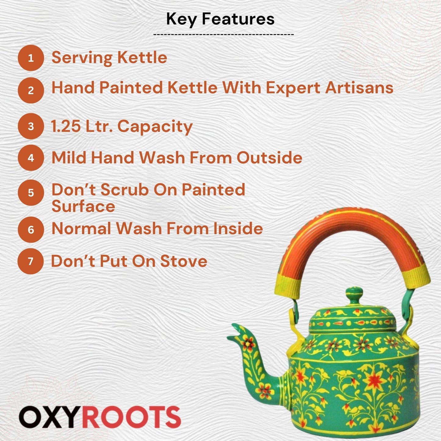 Hand Painted Aluminium Kettle Jute Stand 6 Glass Set - Green