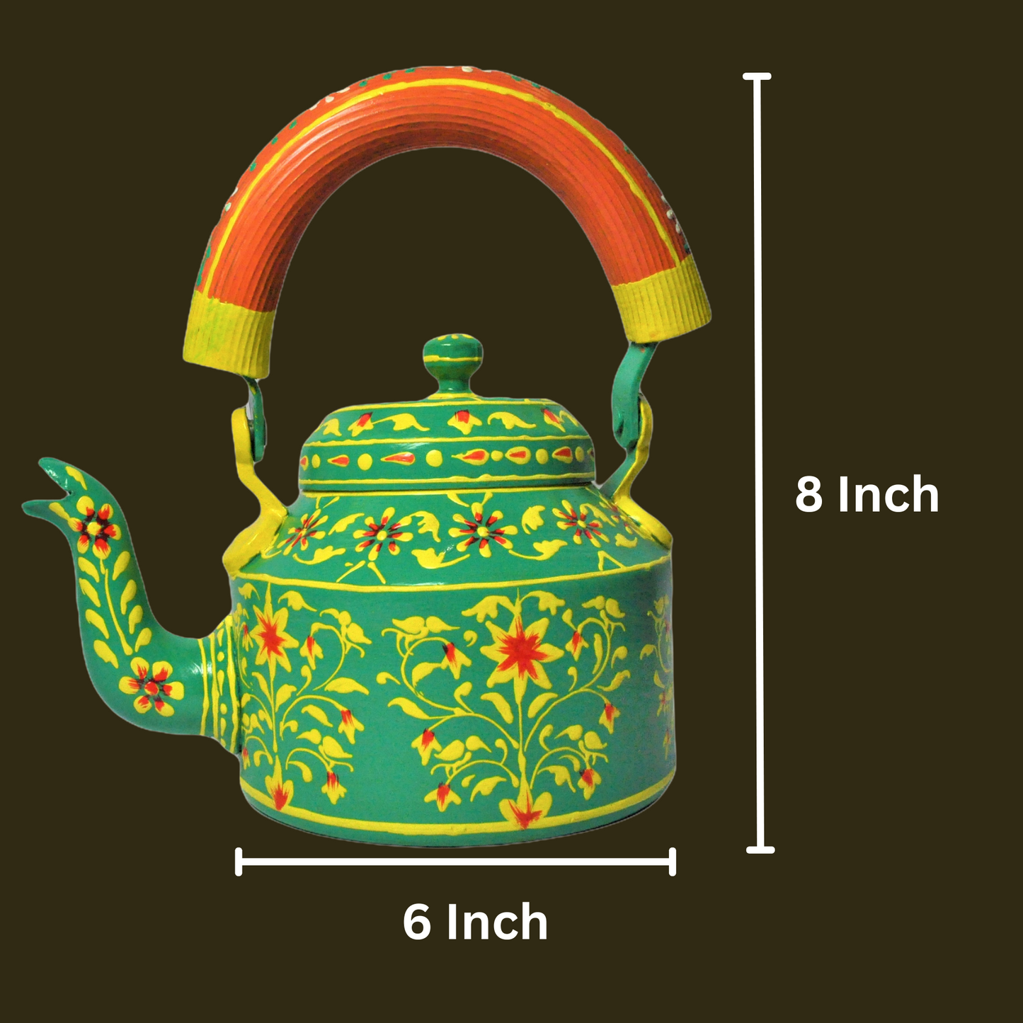 Hand Painted Aluminium Kettle Jute Stand 6 Glass Set - Green