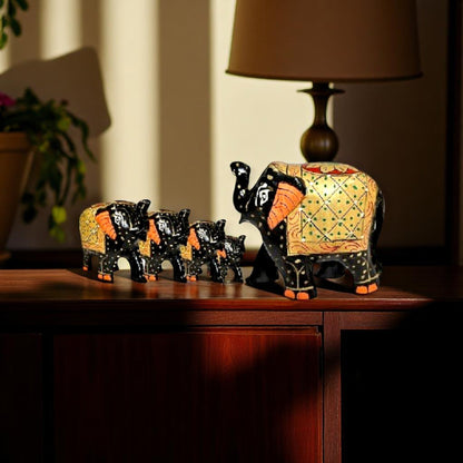 Wooden Elephant Antique Painting Showpiece Set Of 5