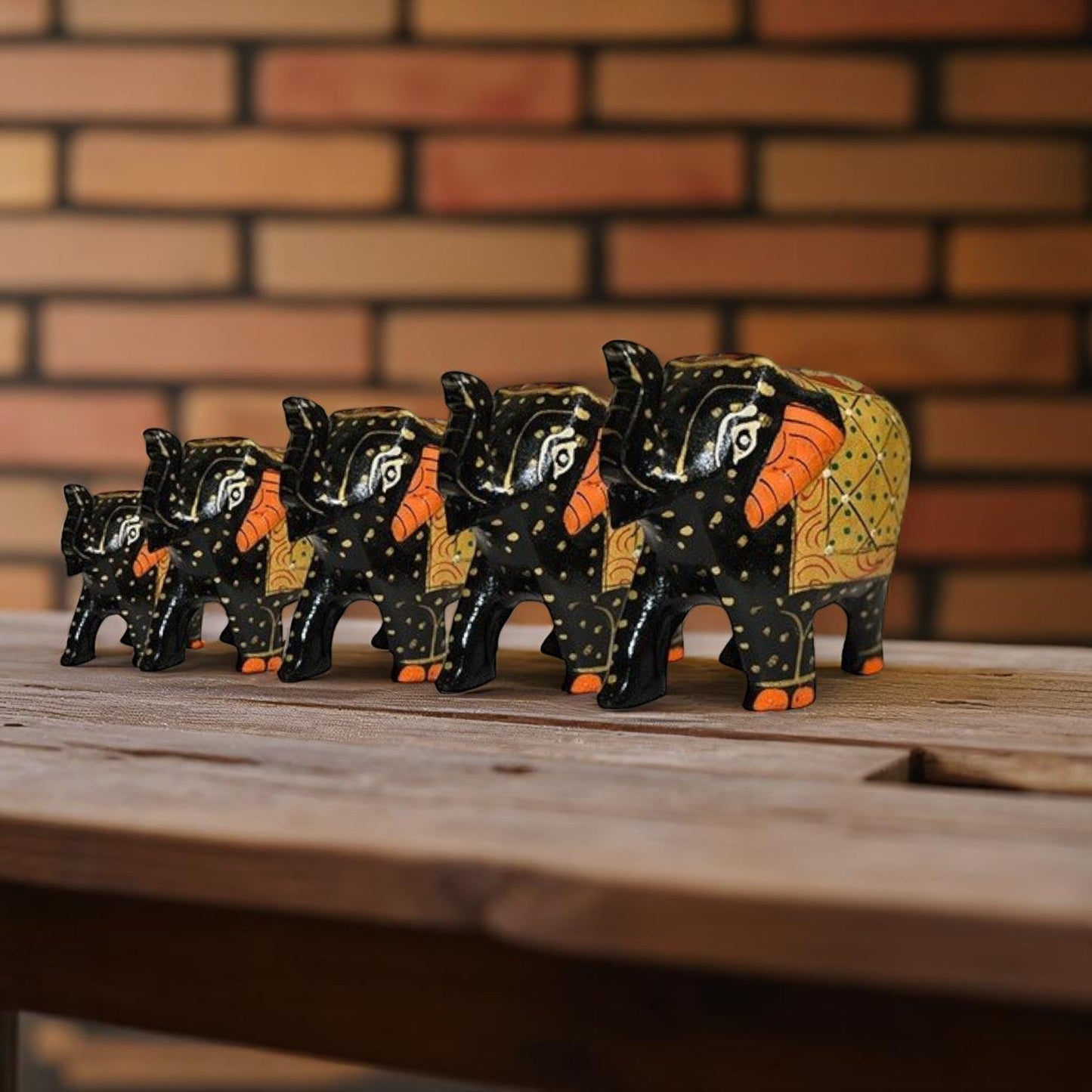 Wooden Elephant Antique Painting Showpiece Set Of 5