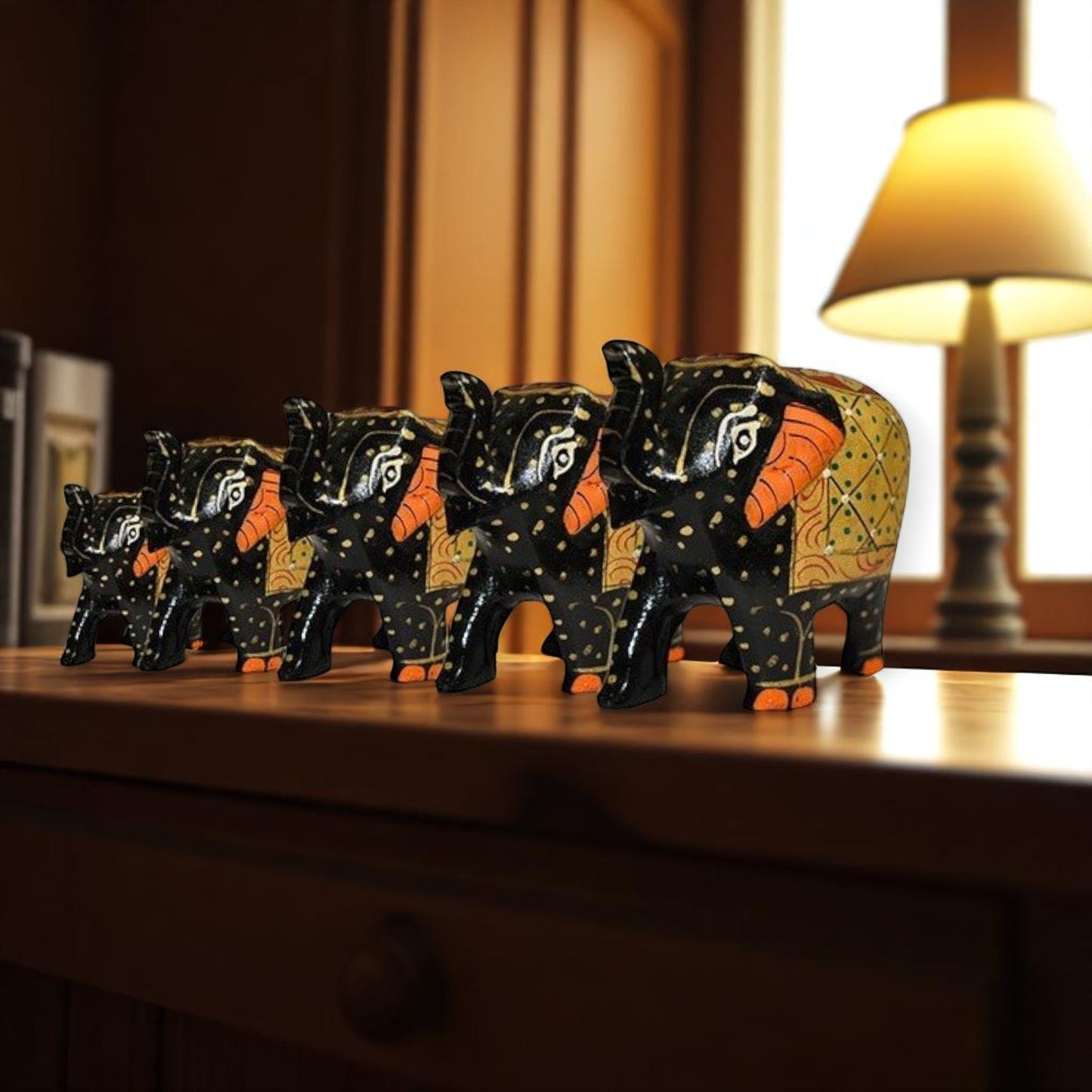 Wooden Elephant Antique Painting Showpiece Set Of 5