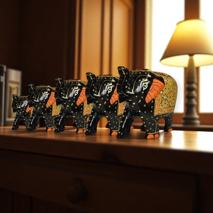 Wooden Elephant Antique Painting Showpiece Set Of 5