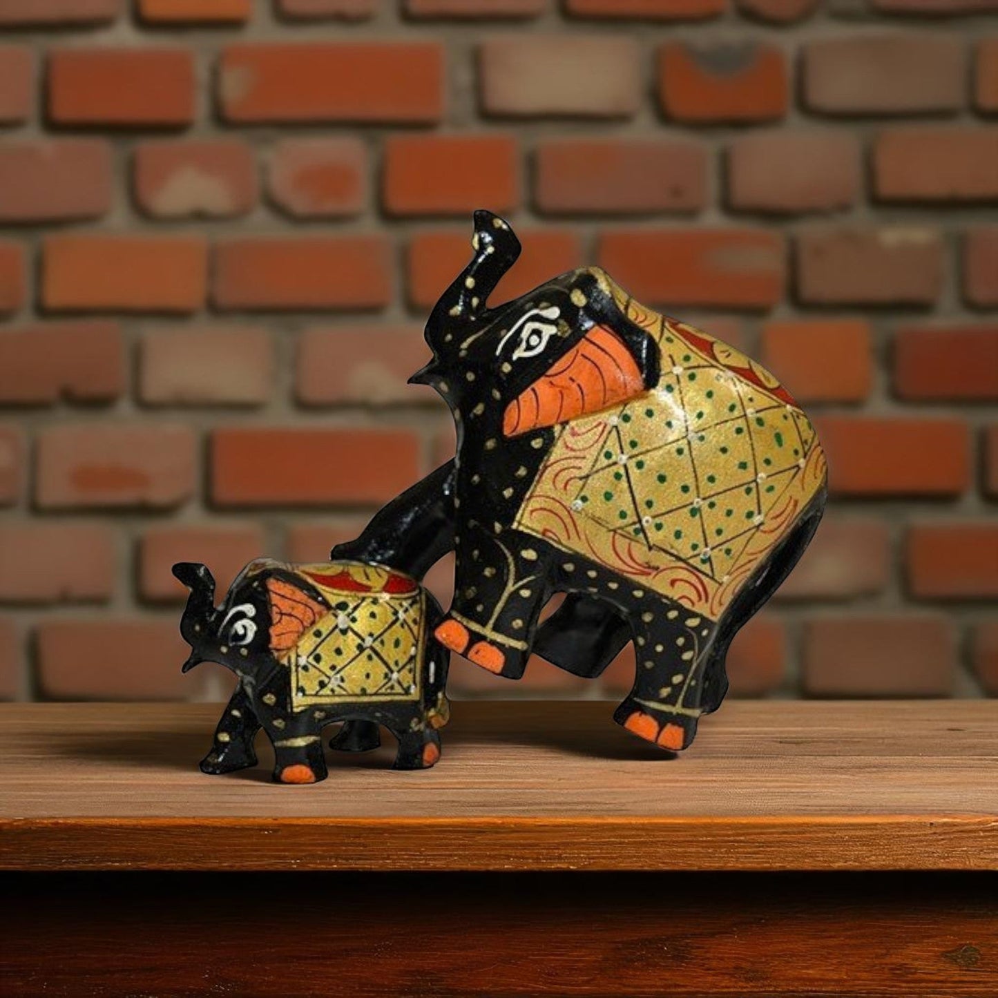 Wooden Elephant Antique Painting Showpiece Set Of 5