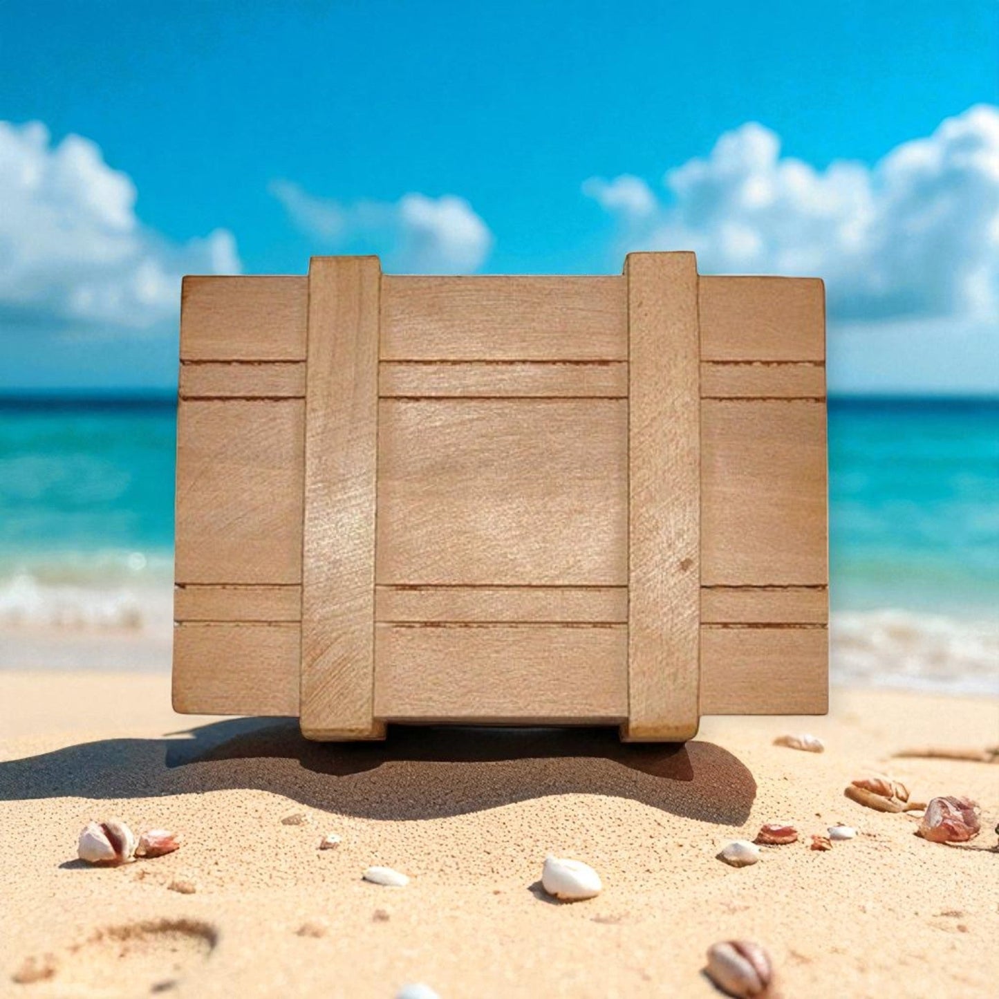 Wooden box on a sandy beach with ocean and sky in the background
