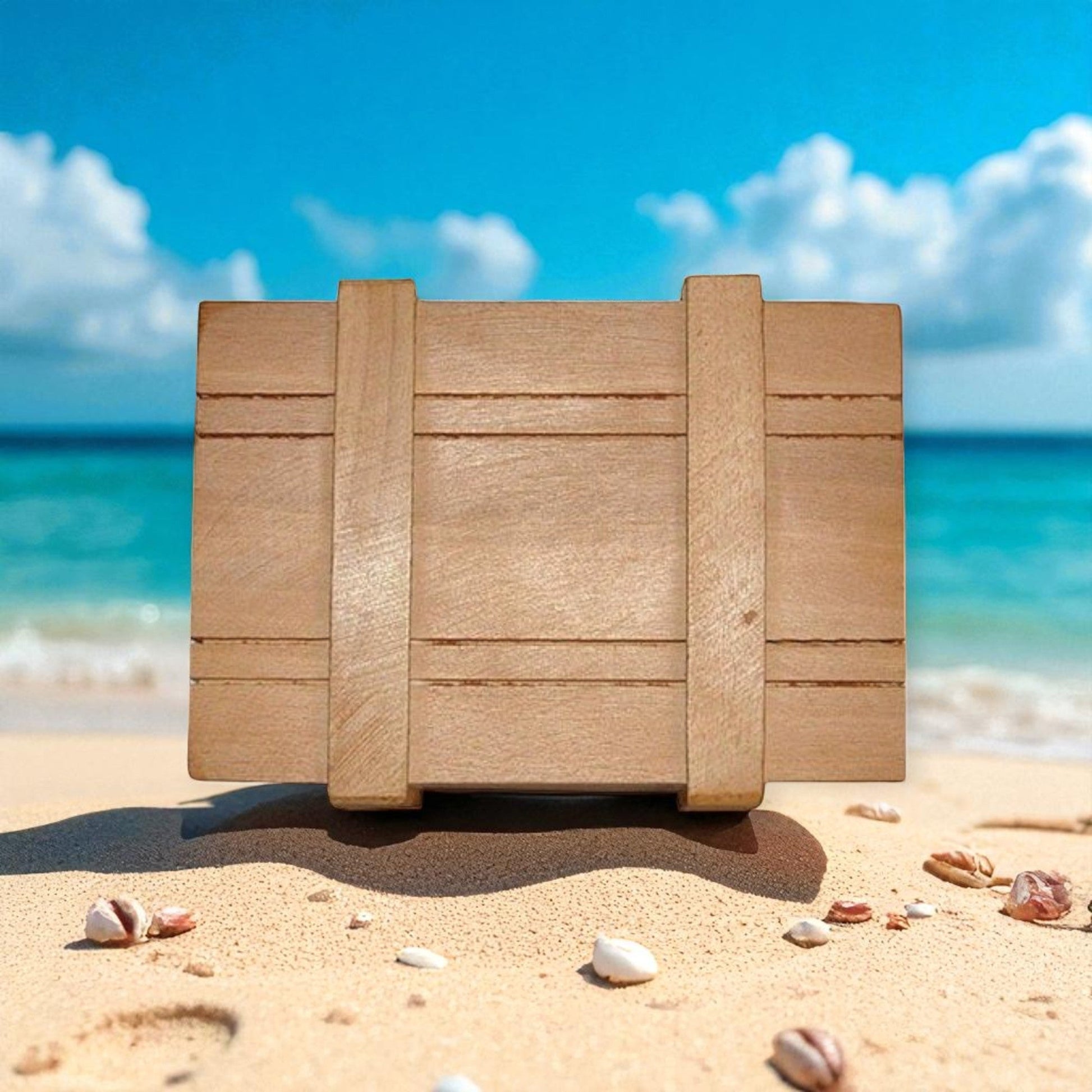 Wooden box on a sandy beach with ocean and sky in the background