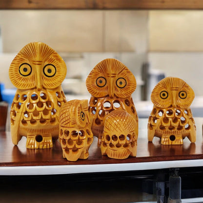 Wooden Owl Jali Antique Showpiece Set Of 5 Pcs