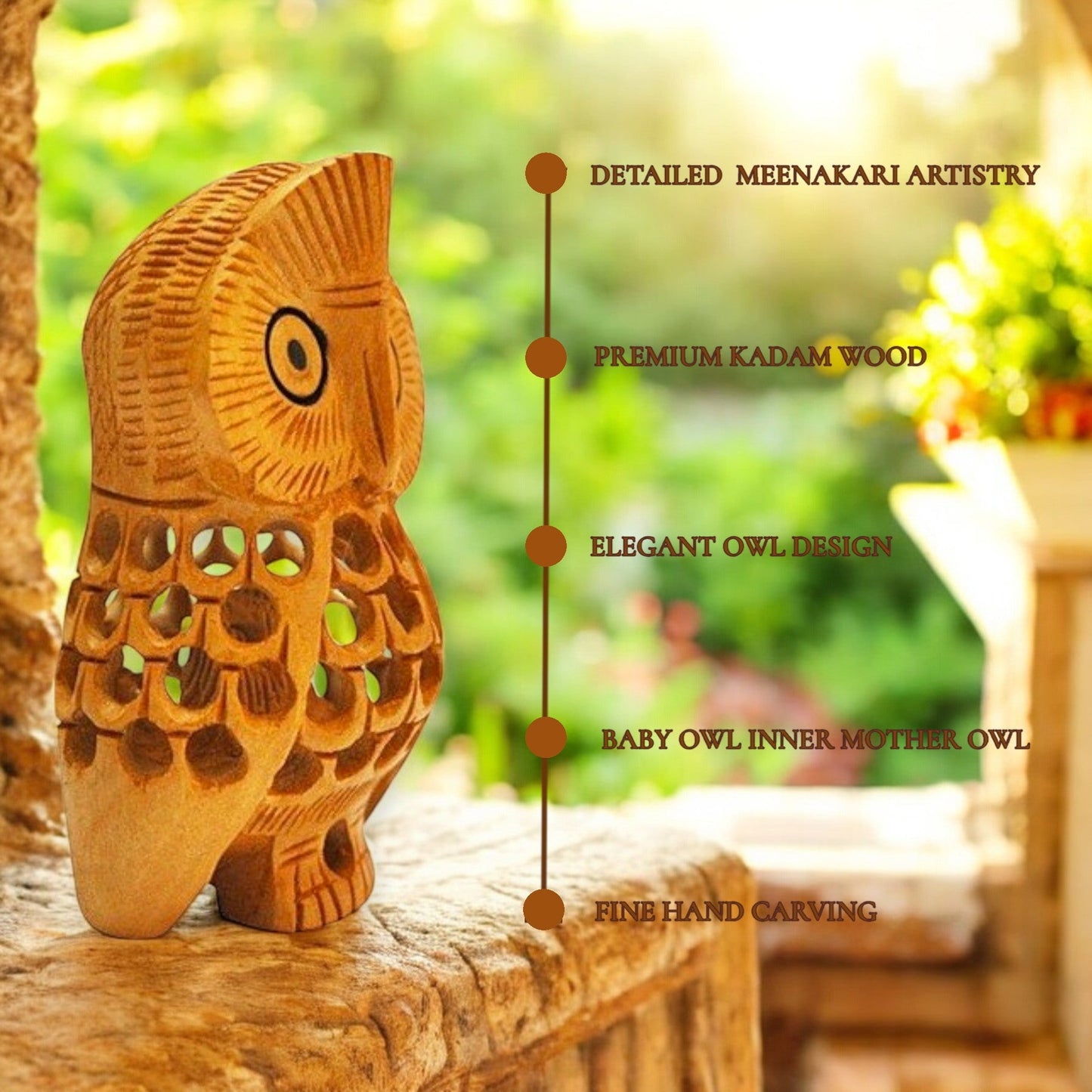 Wooden owl sculpture with Meenakari art on a natural background