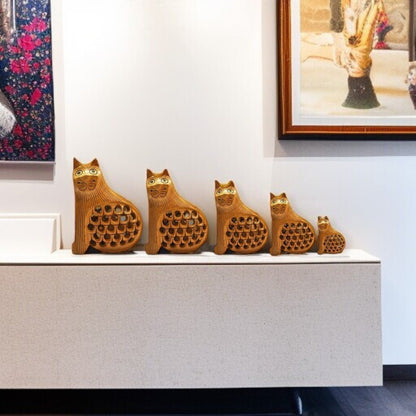 Wooden Cat Jali Antique Showpiece Set Of 5 Pcs