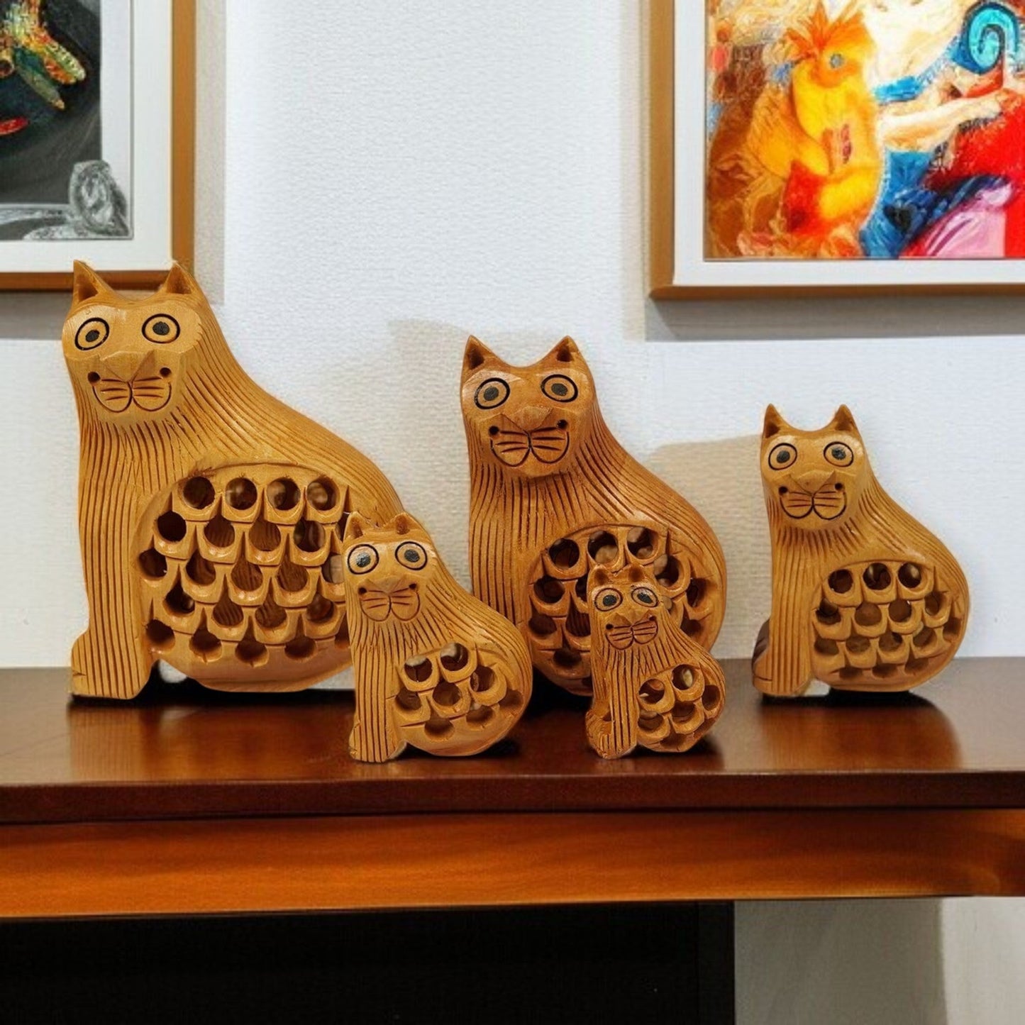 Wooden Cat Jali Antique Showpiece Set Of 5 Pcs